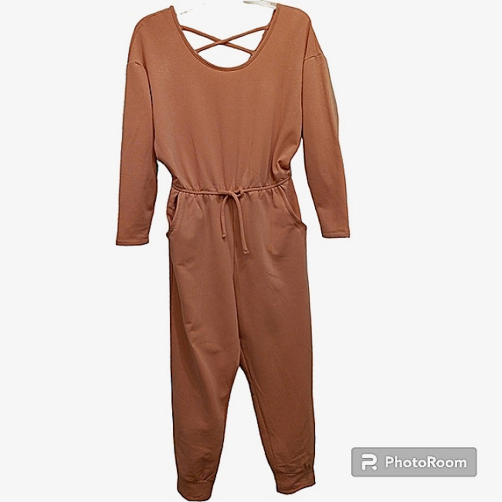 Women XL Stretch Jumpsuit Pink Long Sleeve Loungewear Scoop Neck Romper Pockets